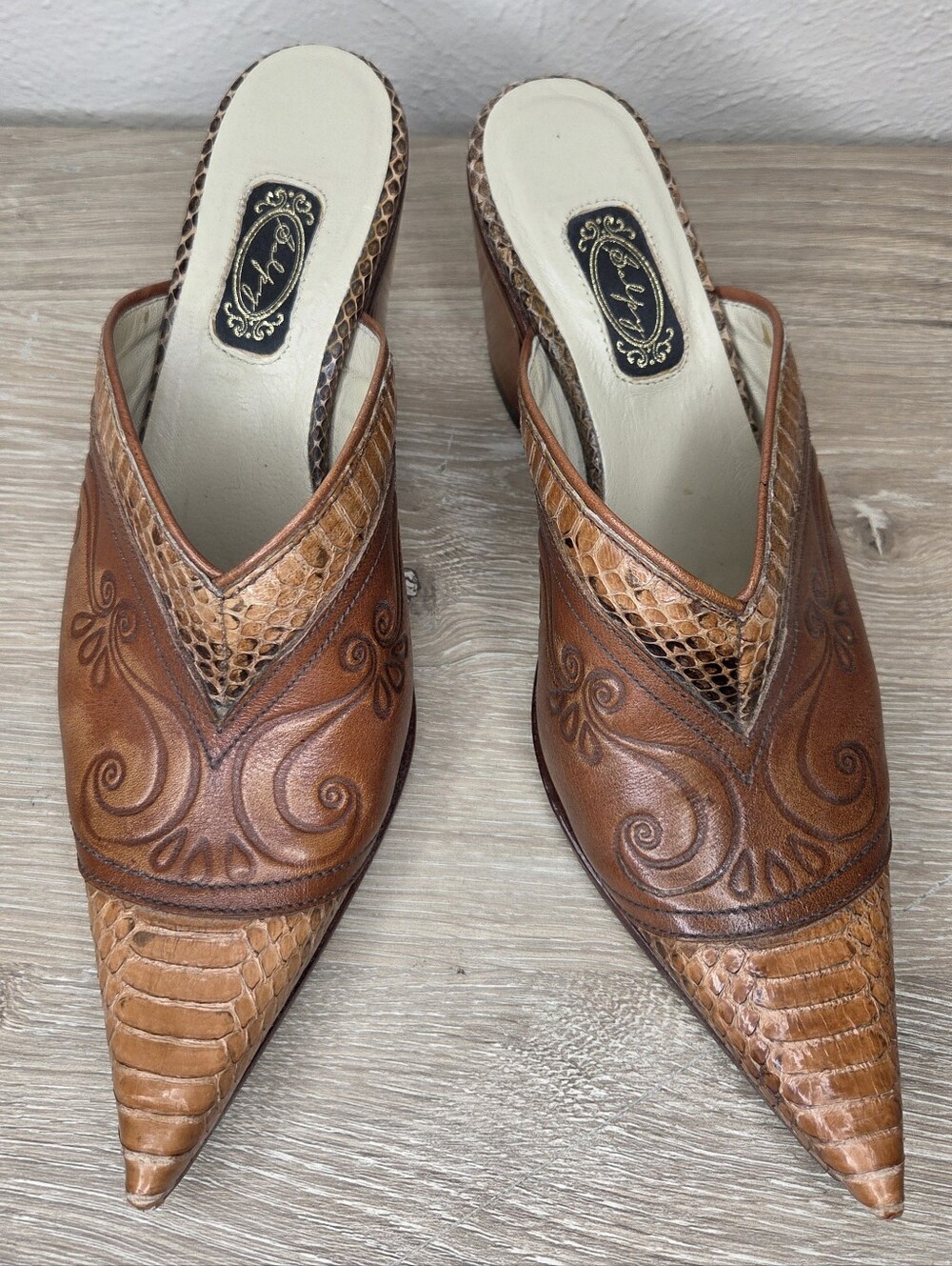 Salpy Vintage Western Snakeskin Tooled Leather Pointed Toe Mule Heels 7.5 USA